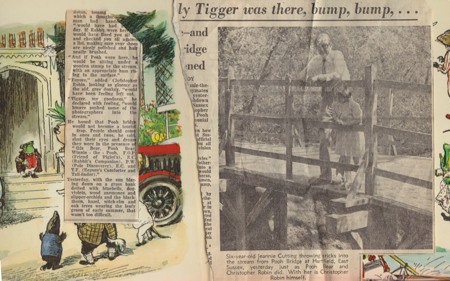 A photograph of cuttings from a newspaper about a bridge and Winnie the Pooh