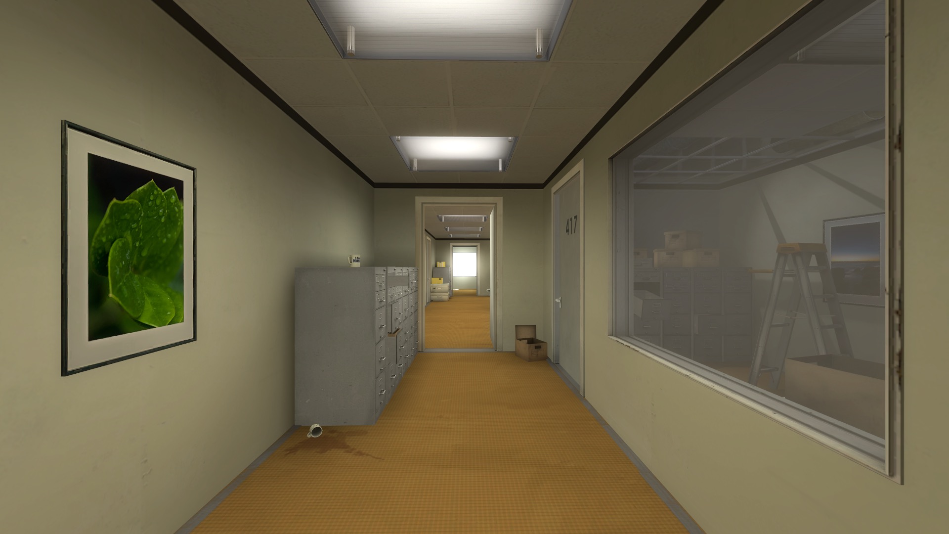 A screenshot of The Stanley Parable, showing a boring-looking office
