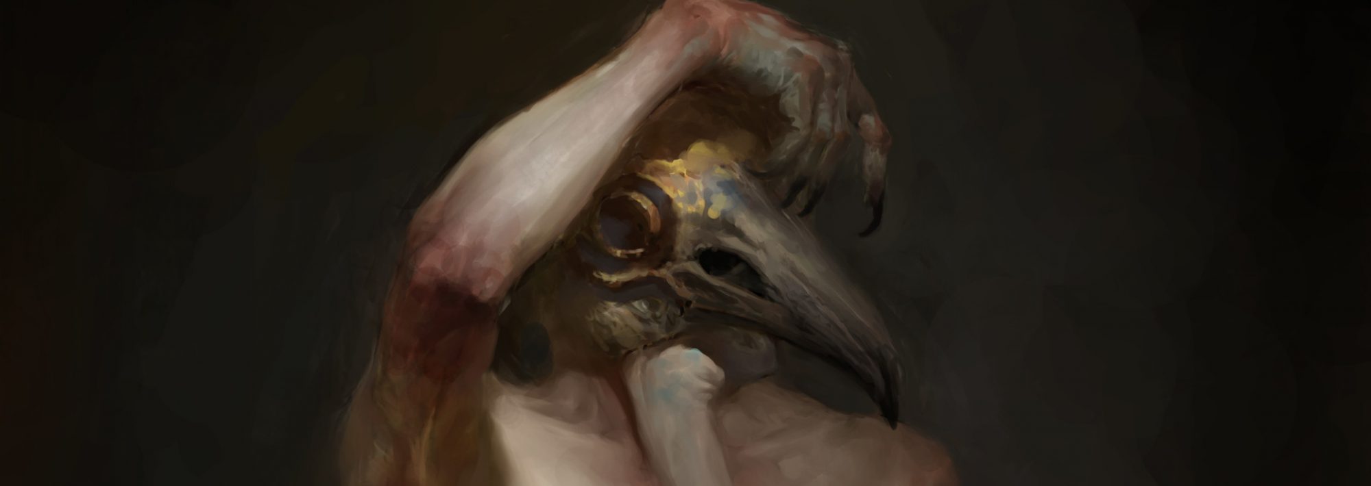 A painting of a man with a bird's skull for a head