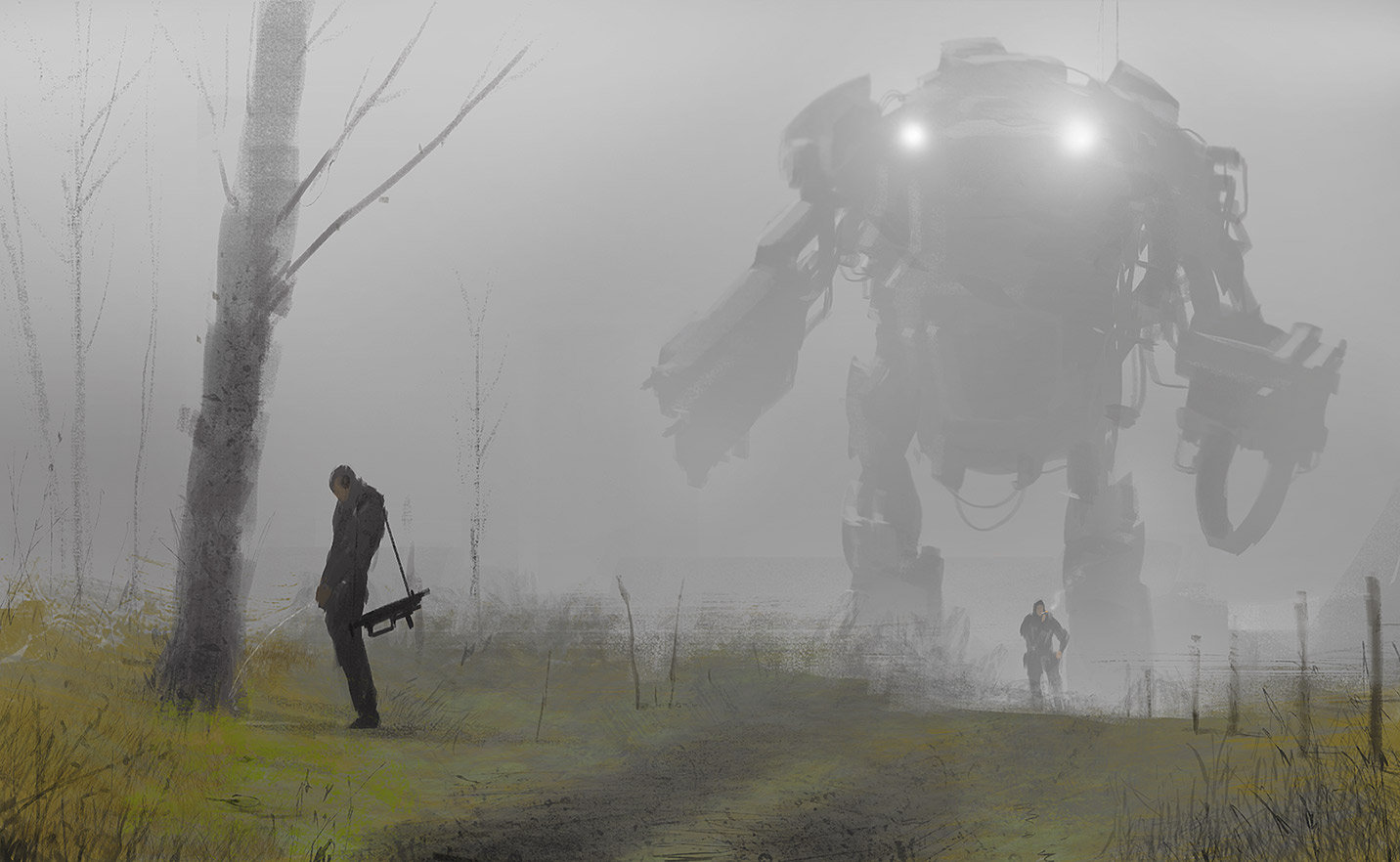A painting of a soldier pissing in front of a giant fog-shrouded mech