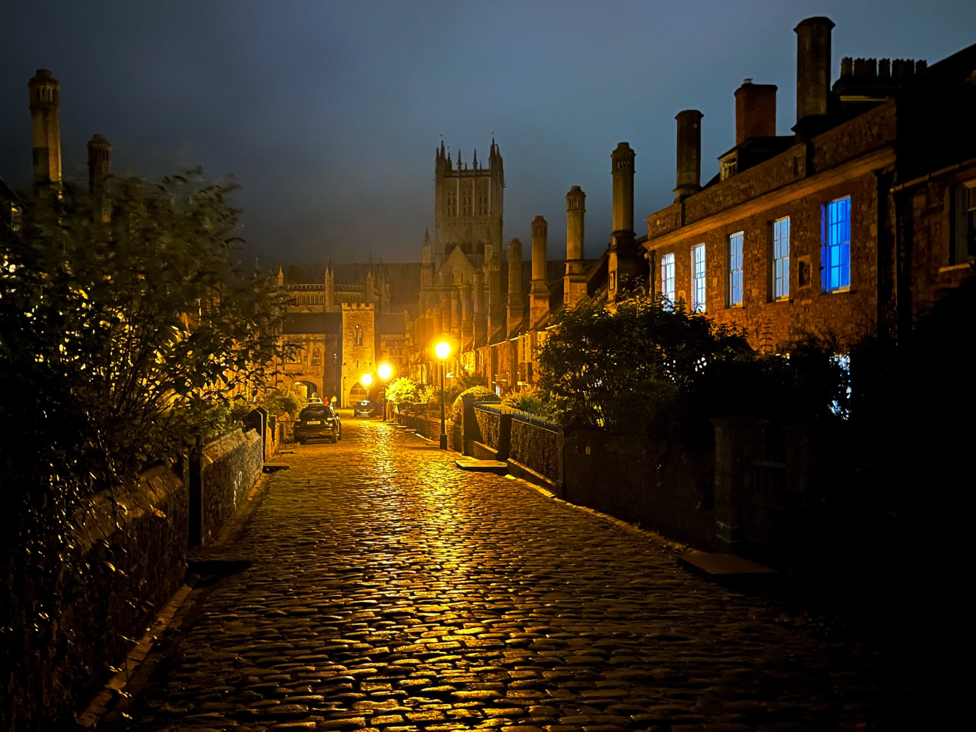 A picture of a cobbled street in the city of Wells by night, the cathedral visible in the background.