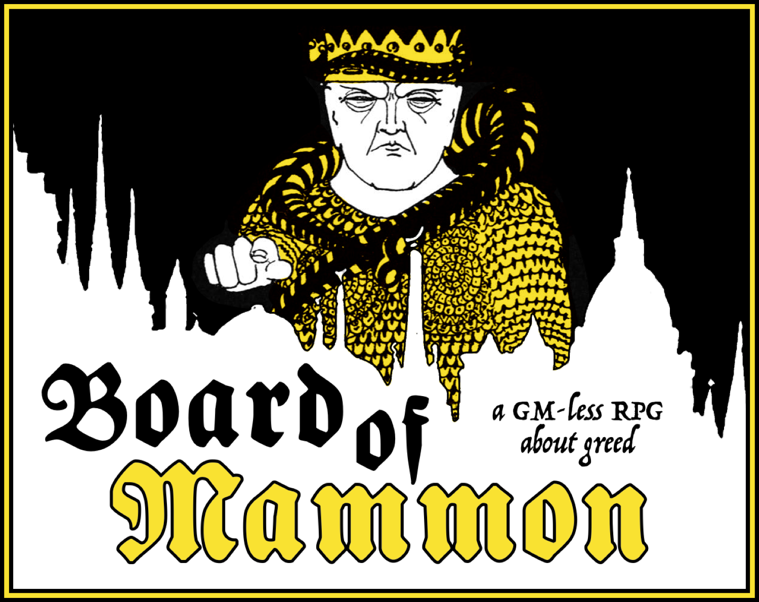 A logo for Board of Mammon in which a stern god wearing gold with a crown points stares and points out of the picture, with a cityscape in the foreground.